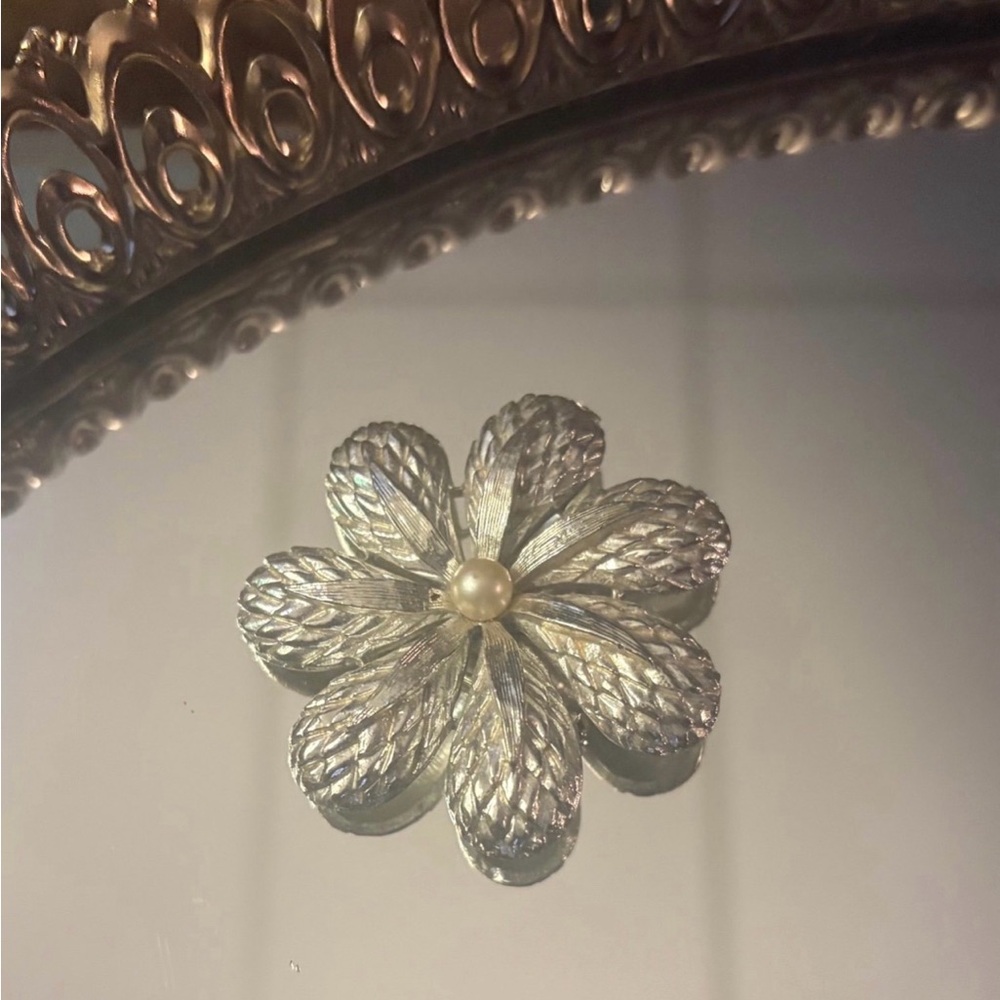 Silver Flower Brooch with Pearl Center